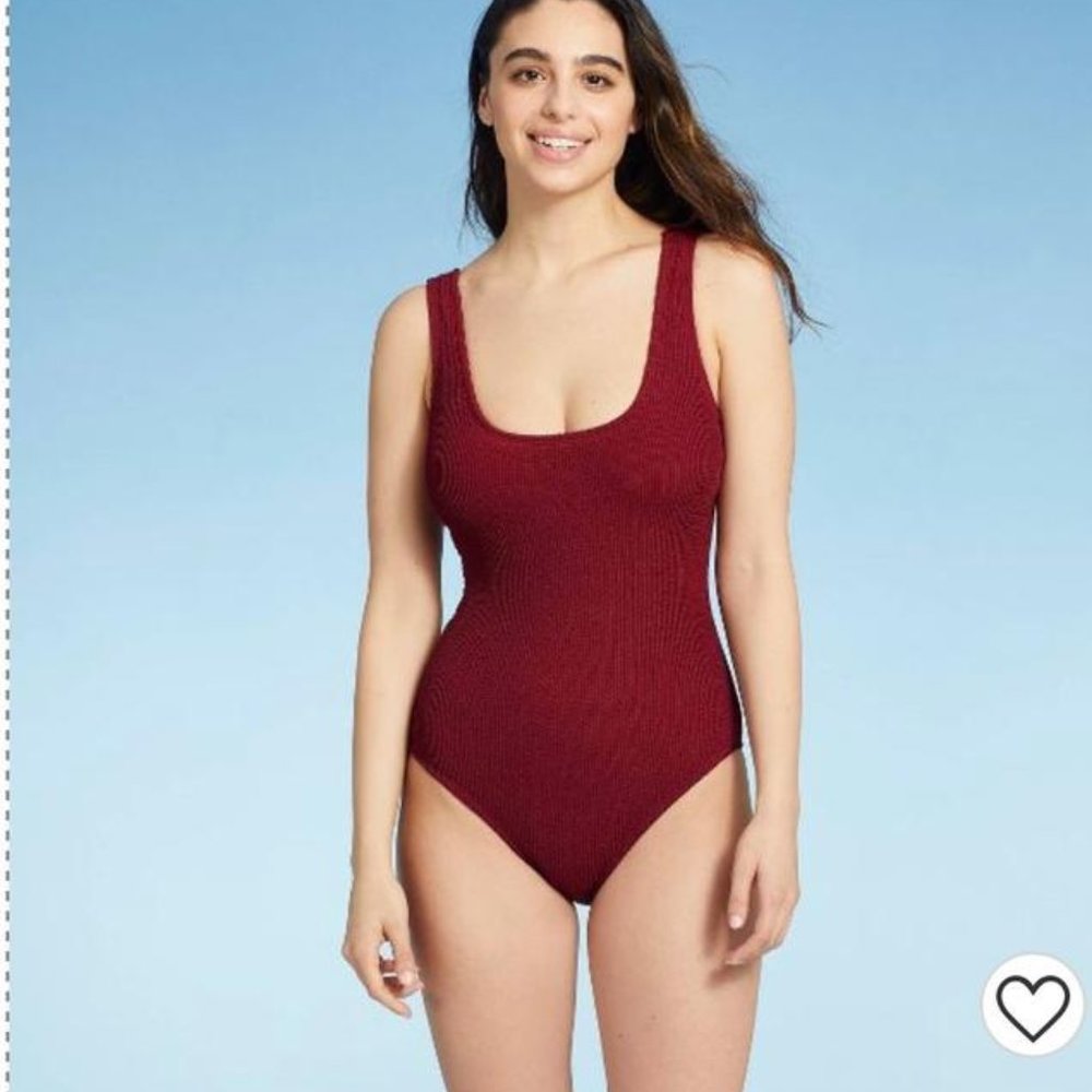 Burgundy Pucker Square Neck Coverage One-piece Bathing Suit